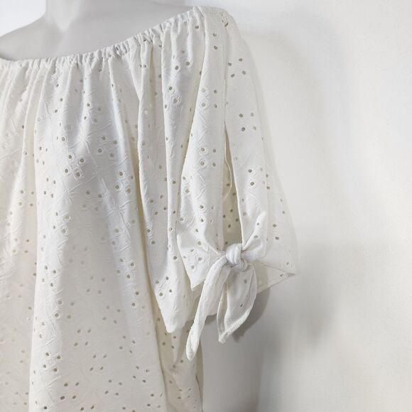 Vince Camuto Top Womens Large White Eyelet Cottagecore Short Slit Sleeve Ties - Picture 6 of 8